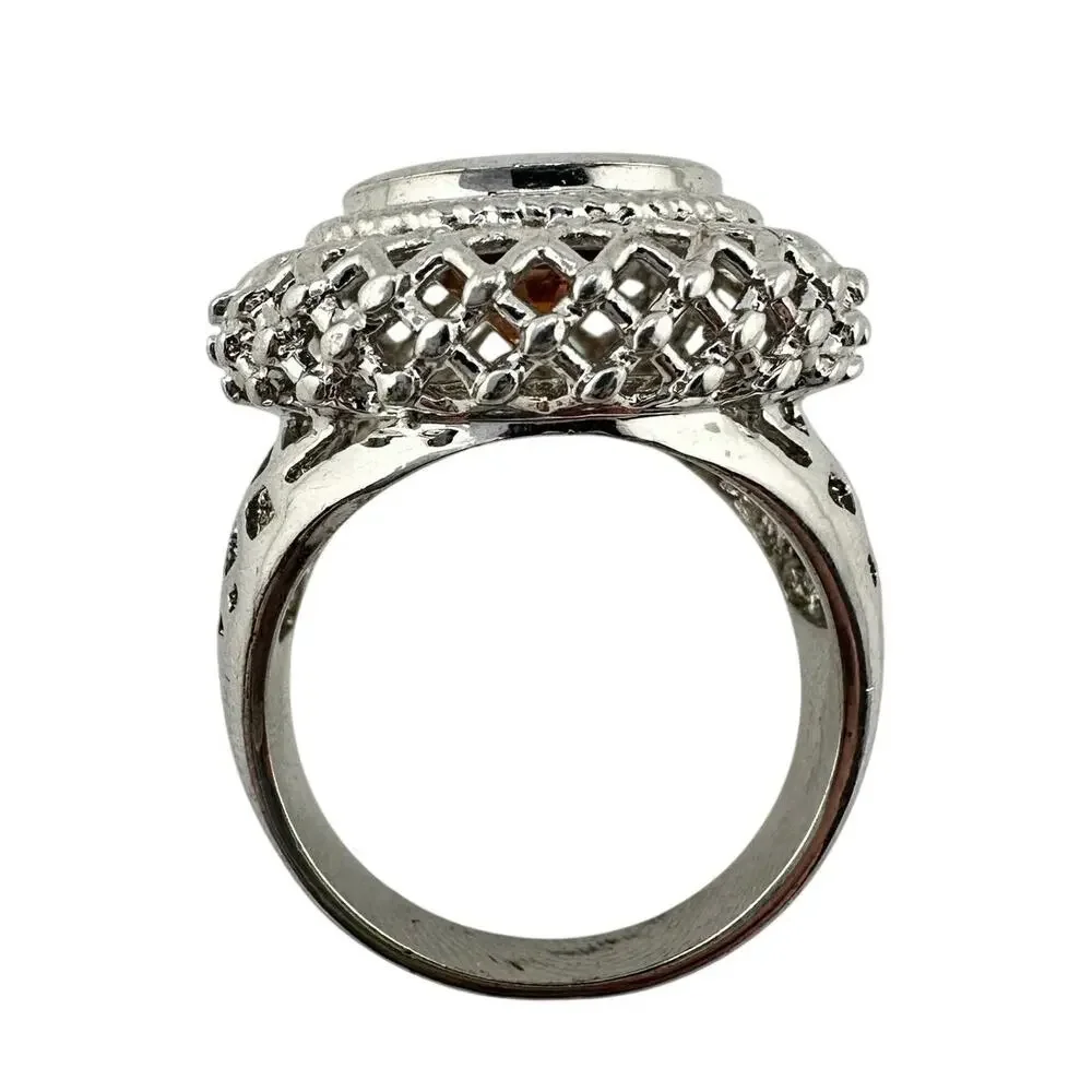 Amber Crystal Gemstone Vintage Style Lattice Silver Tone Size 9 Cocktail Ring